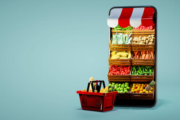 Service for delivery app. Food market in smartphone. Online shop. Food delivery background concept. Online shop in your smartphone. Shopping cart.